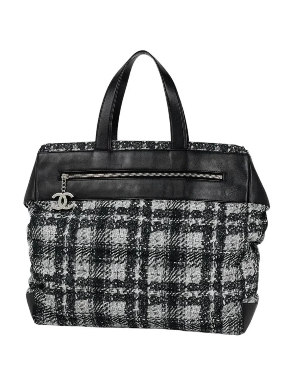Chanel Tote CC Logo Tweed Print Nylon Black
